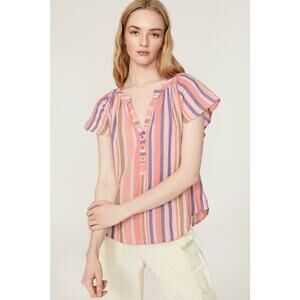 XíRENA Striped Pattern Short sleeves Split Neck Button Front Kimber Top Size‎ L